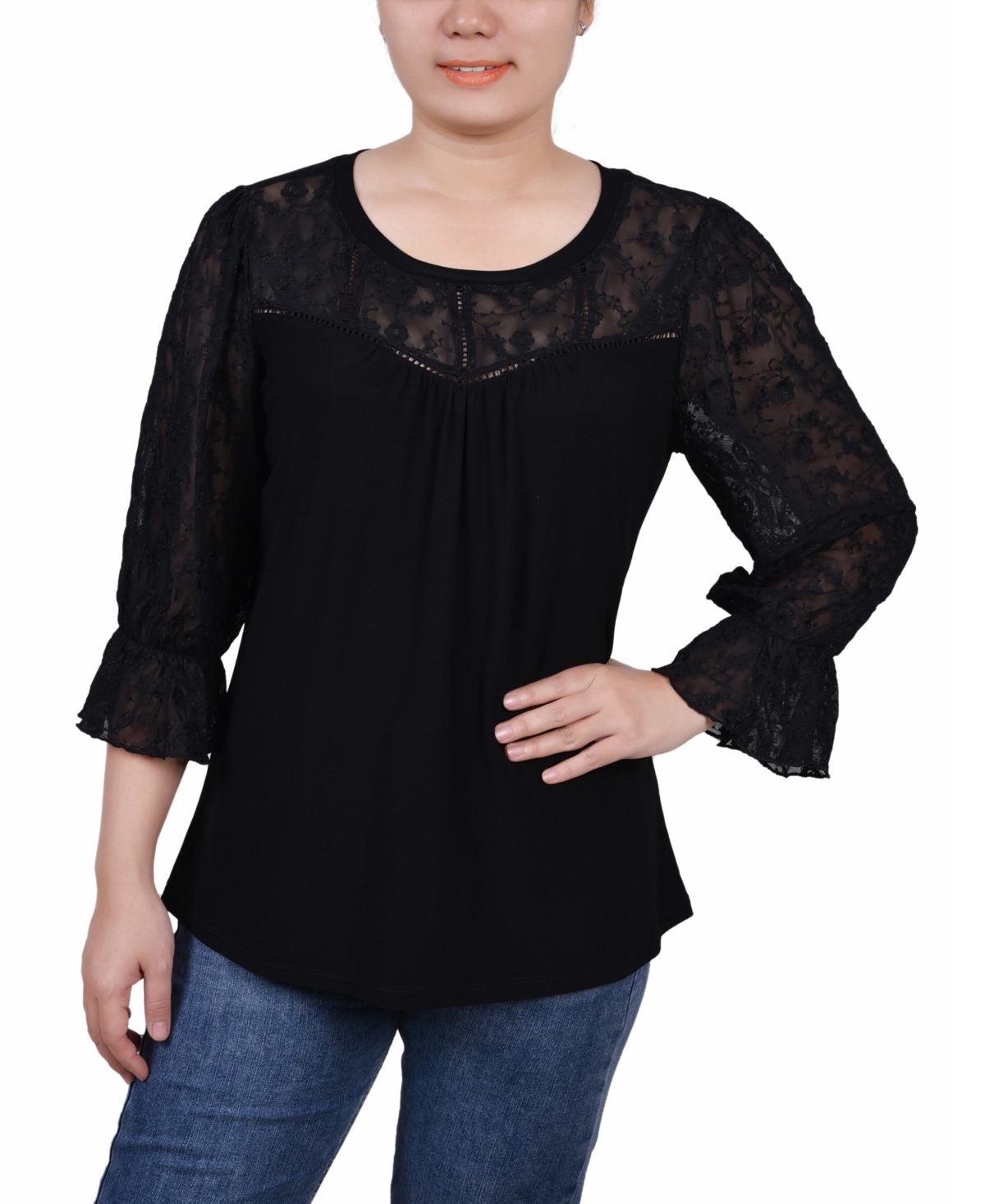 Petite 3/4 Sleeve with Embroidered Mesh Yoke and Sleeves Crepe Top - Black