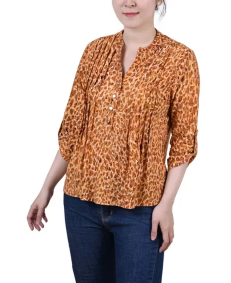 Petite 3/4 Roll Tab Sleeve Printed Pintuck Top - Brown Leopard