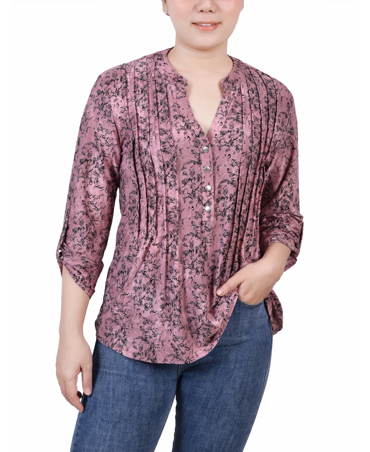 Petite 3/4 Roll Tab Sleeve Printed Pintuck Top - Olive Gilia