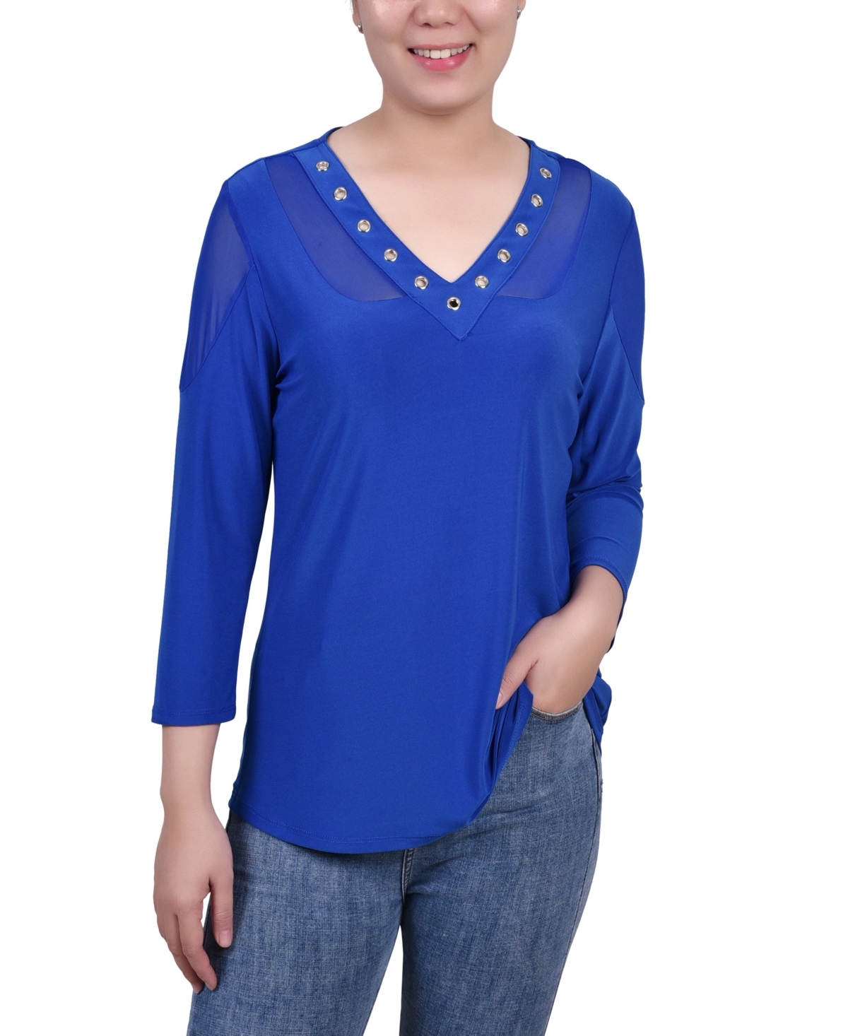 Petite Long Sleeve Top with Mesh Insets - Surf The Web