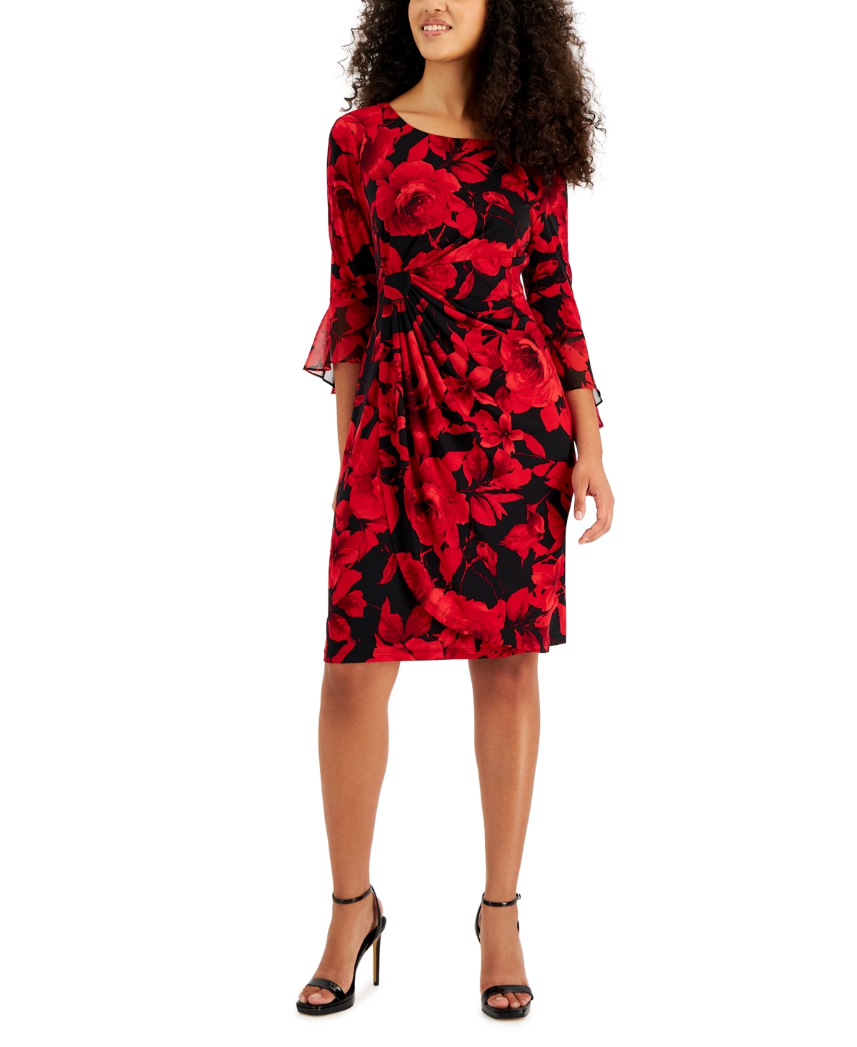 Petite Printed Round-Neck Side-Tab Dress - Red