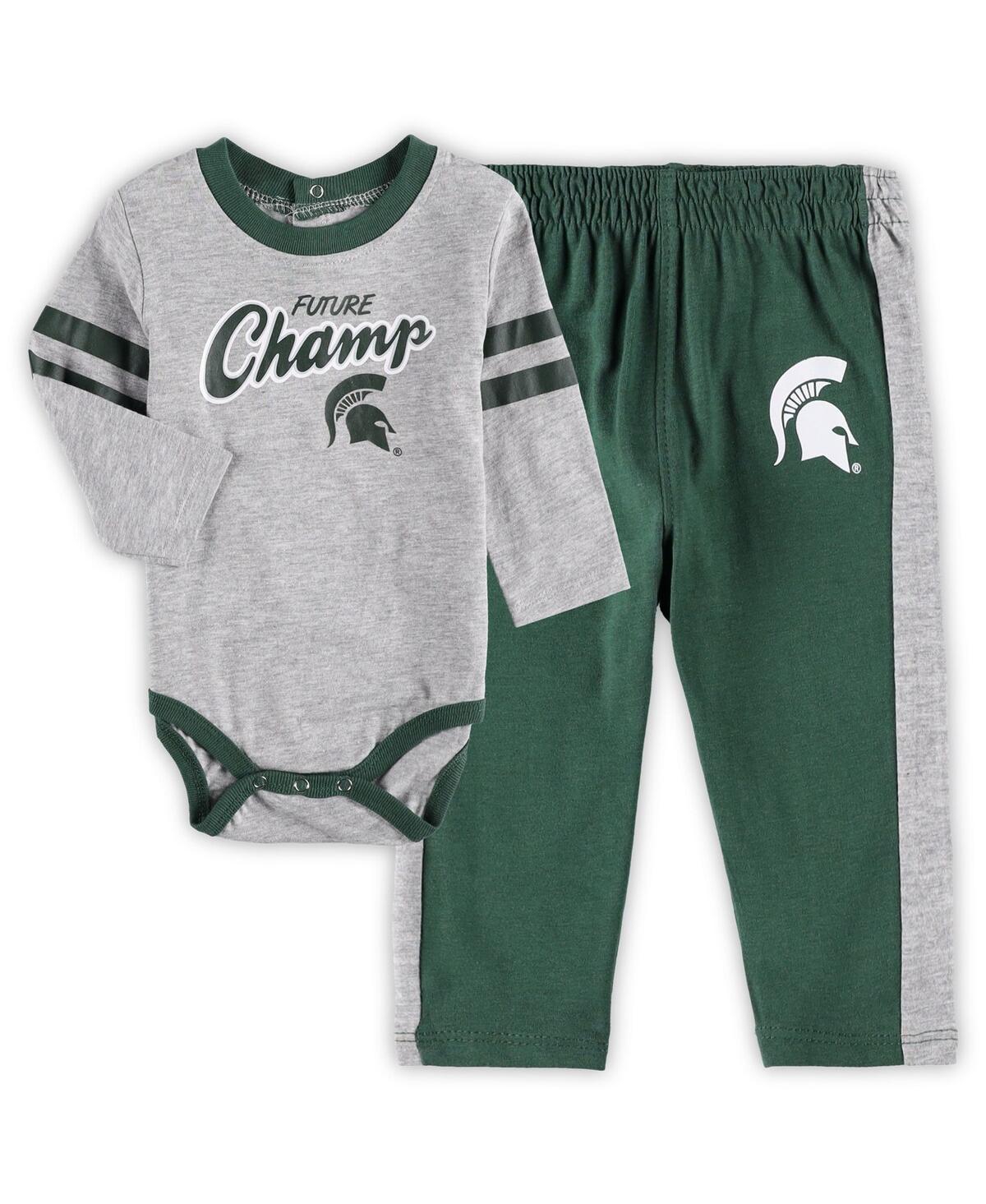 OUTERSTUFF NEWBORN AND INFANT BOYS AND GIRLS GREEN, HEATHERED GRAY MICHIGAN STATE SPARTANS LITTLE KICKER LONG S