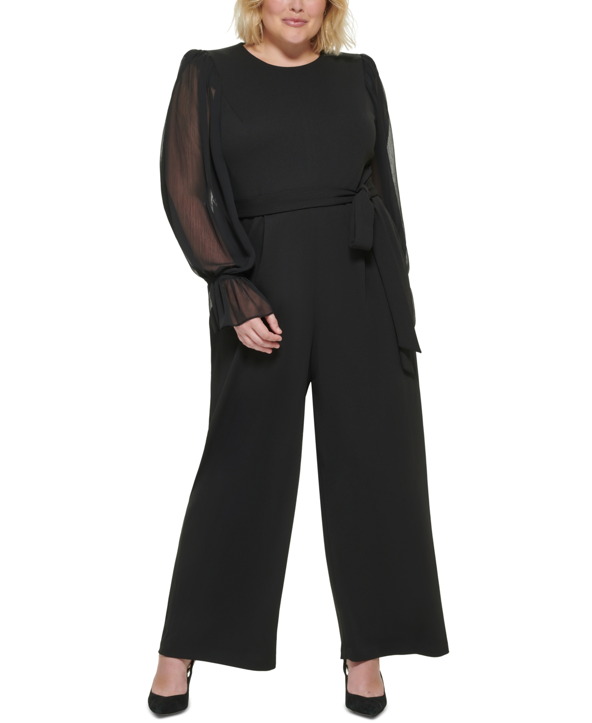 Shop Calvin Klein Plus Size Sheer-sleeve Wide-leg Jumpsuit In Black,black