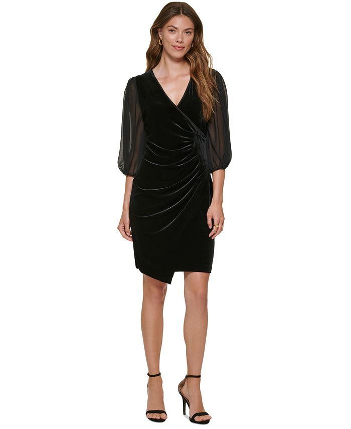 DKNY Chiffon-Sleeve Velvet Wrap Dress - Macy's