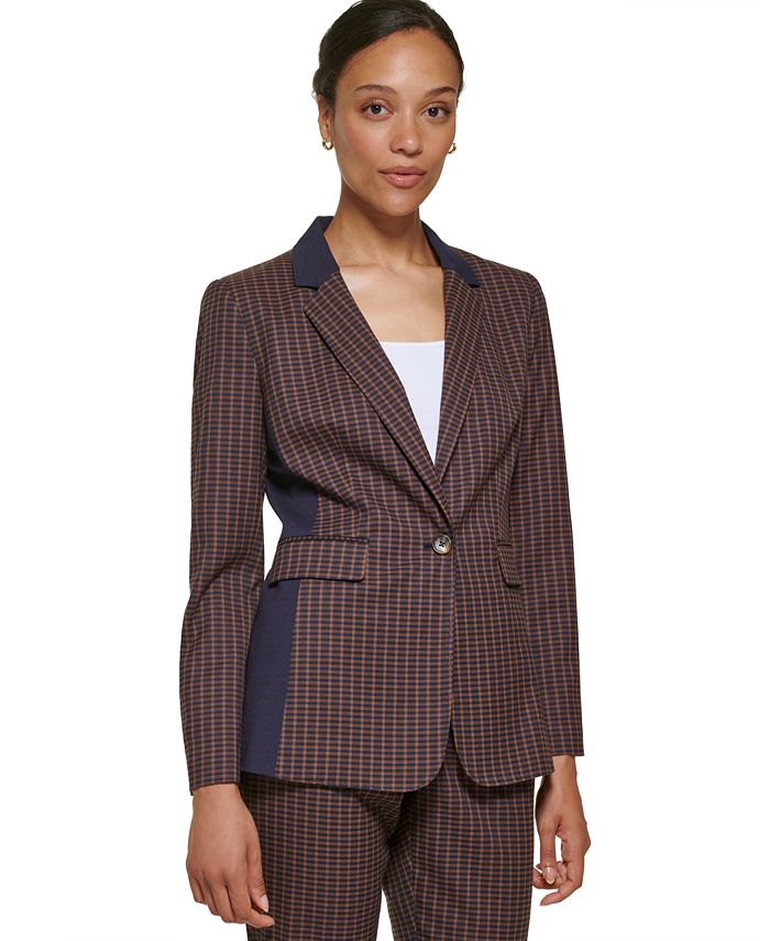 DKNY Long Sleeve One Button Check Jacket with Combo Side Panel - Macy's