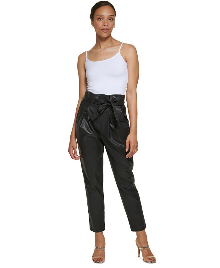 DKNY Faux Leather High Rise Tie Waist Ankle Pants - Macy's