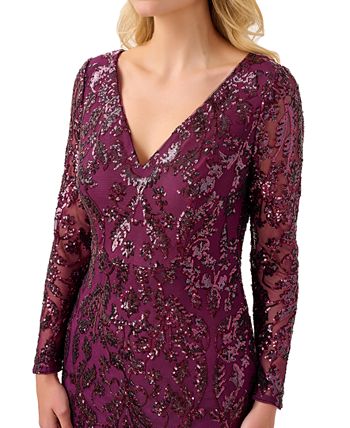 Adrianna Papell Petite V Neck Long Sleeve Sequin Gown Macy s