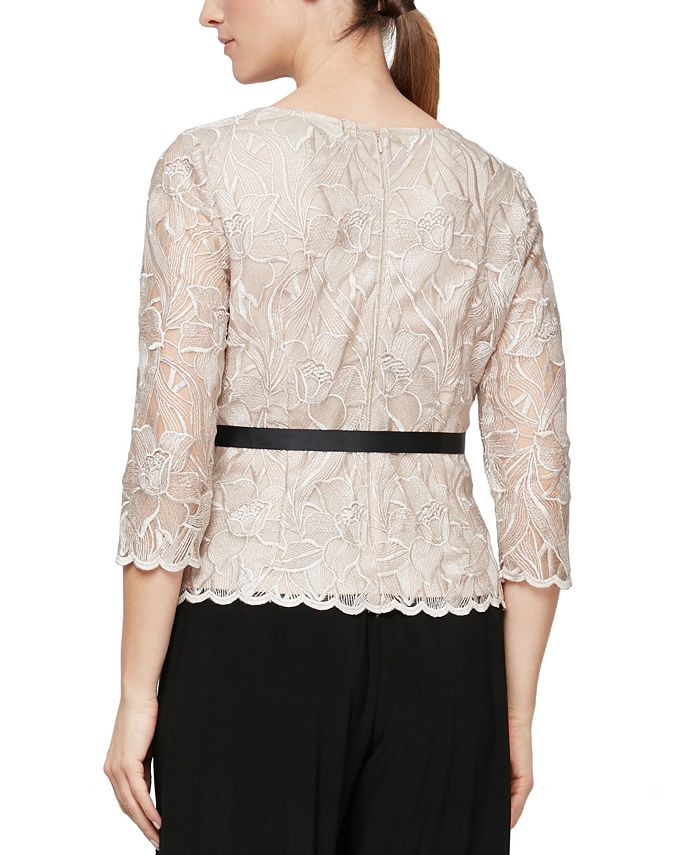 Alex Evenings Women's 3/4-Sleeve Embroidered Tie-Waist Blouse - Macy's