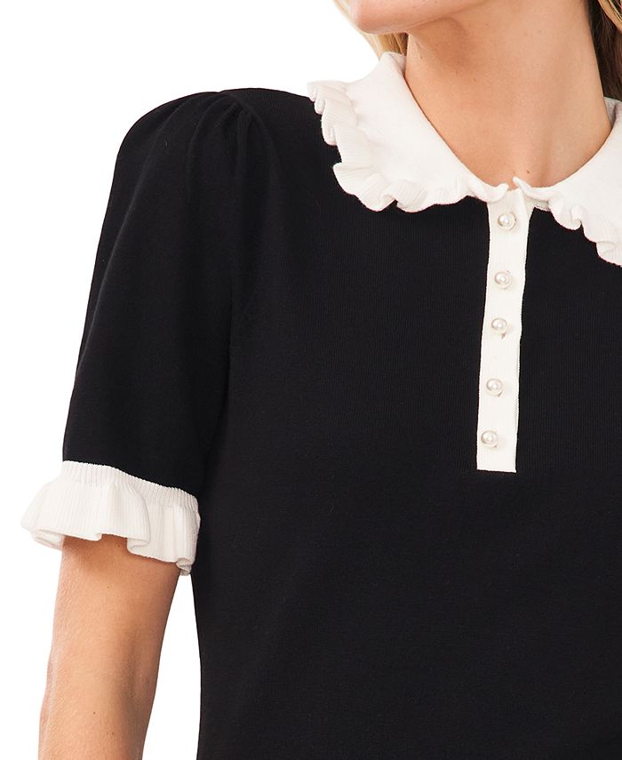 CeCe Women's Cotton Ruffle-Collar Short-Sleeve Top - Macy's