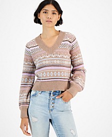 Juniors' Printed Bubble-Sleeve V-Neck Sweater