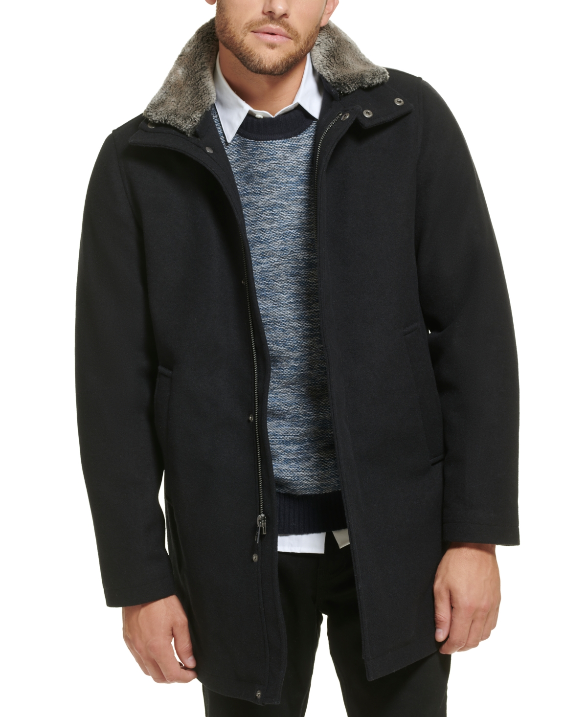 Calvin Klein Men's Urban Walker Coat With Detachable Faux Rabbit Fur At Interior Collar In Black
