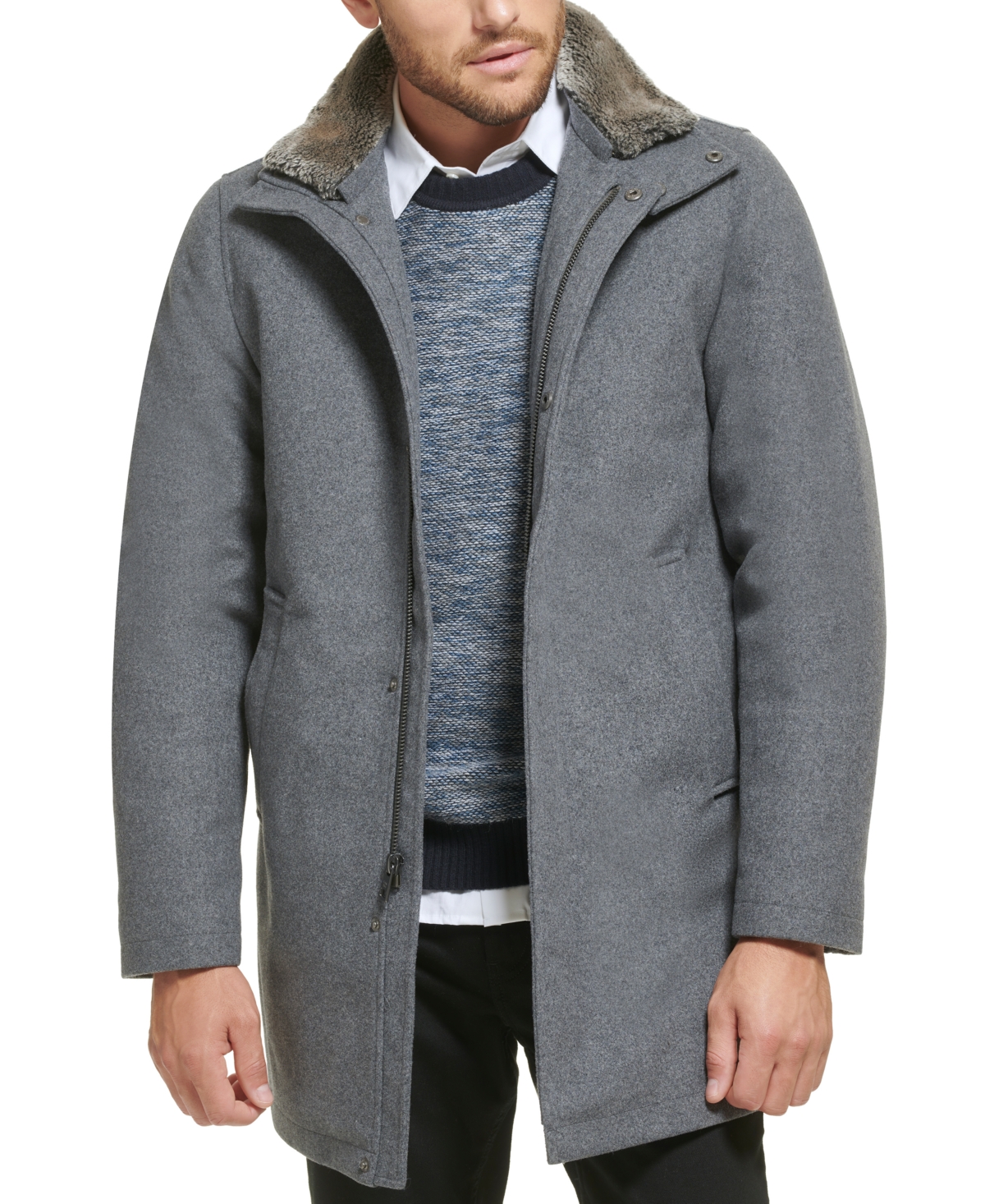 Calvin Klein Men's Urban Walker Coat With Detachable Faux Rabbit Fur At Interior Collar In Charcoal