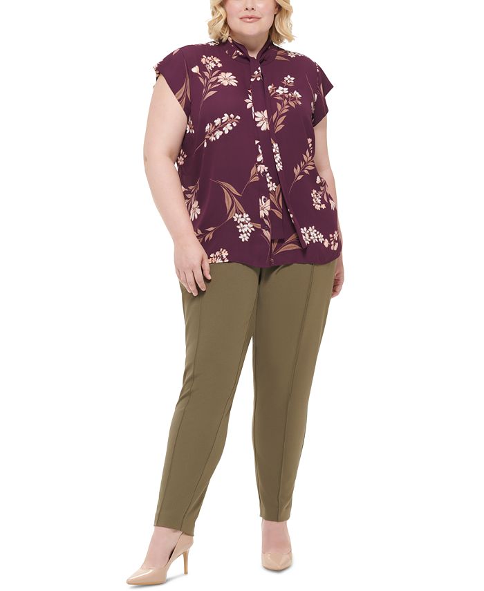 Calvin Klein Plus Size Floral-Print Tie-Neck Flutter-Sleeve Shirt - Macy's