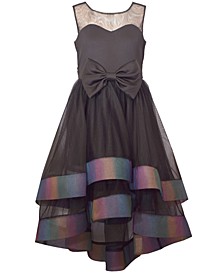 Big Girls Sleeveless Scuba Dress with Illusion Neckline and Double Skirt Trimmed with Rainbow Horsehair
