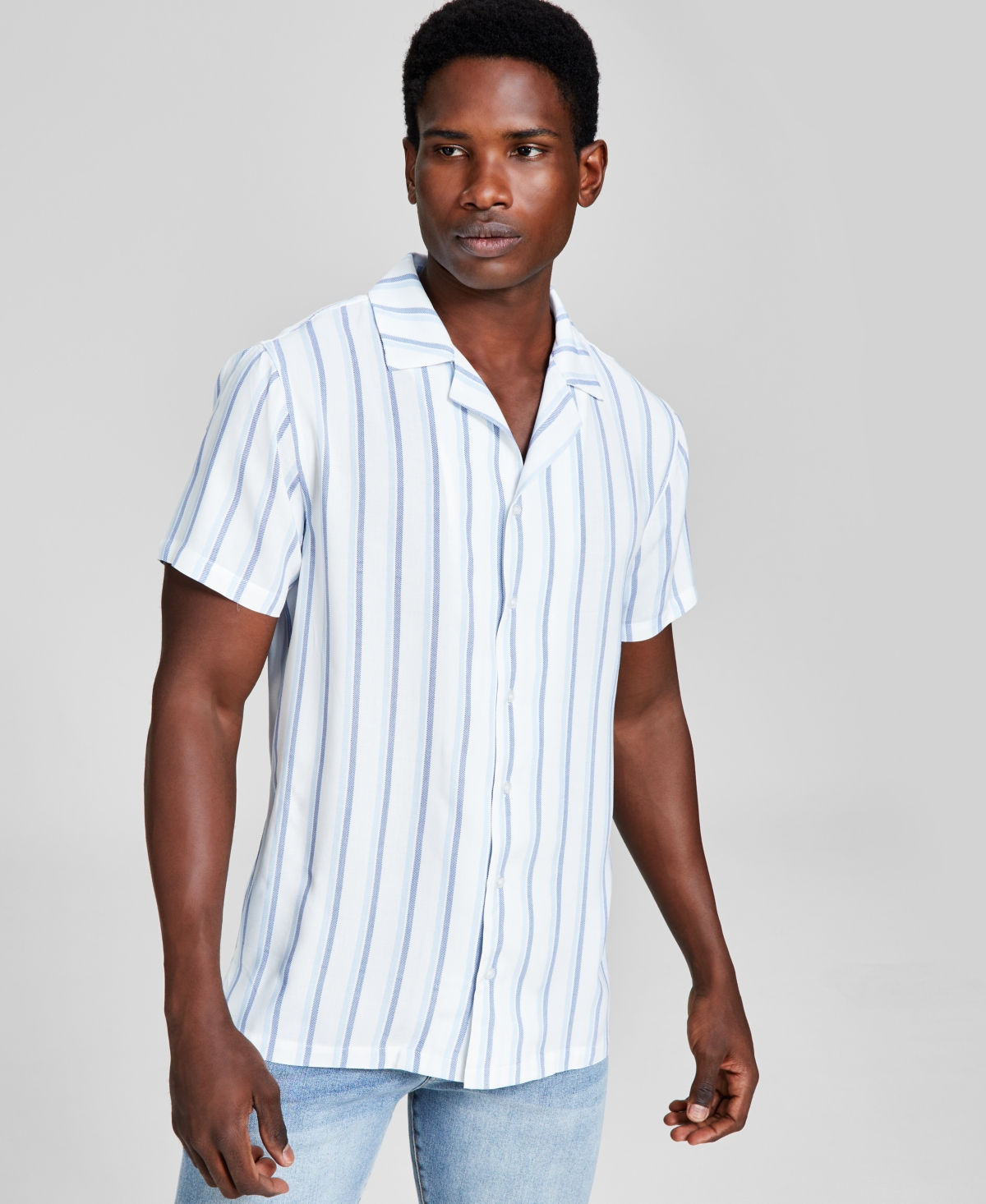 And Now This Men's Striped Woven Short Sleeve Camp Shirt, Created For Macy's In White Blu ModeSens