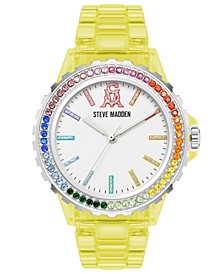 Women's Analog Transparent Yellow Plastic with Rainbow Crystal Bracelet Watch, 40mm