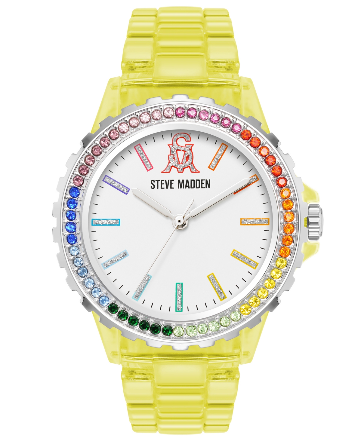 Steve Madden Women's Analog Transparent Yellow Plastic With Rainbow Crystal Bracelet Watch, 40mm