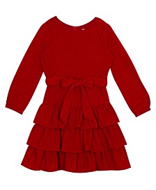 Little Girls Pique Glitter Knit Dress with Tiered Ruffle Skirt