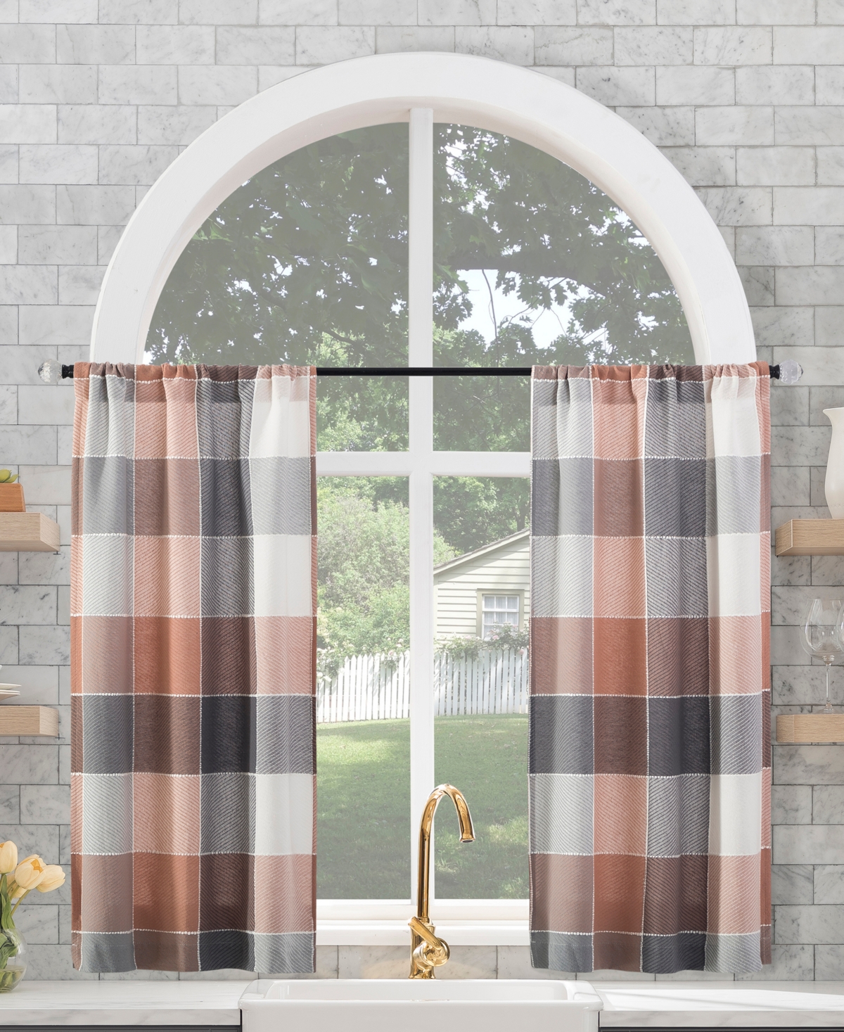 Archaeo Colorblock Cafe Curtain Pair, 52" X 45" In Rosewood