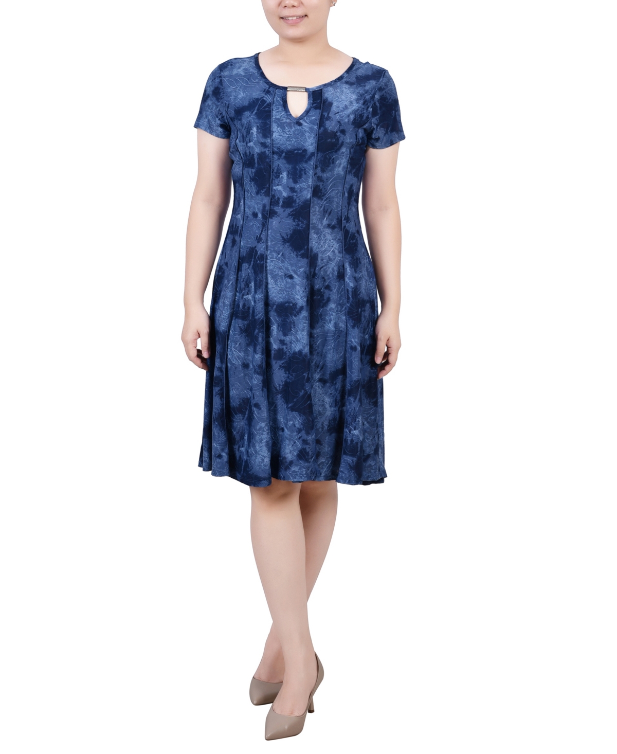 Women's Short Sleeve Jacquard Knit Seamed Dress - Denim Tie Dye