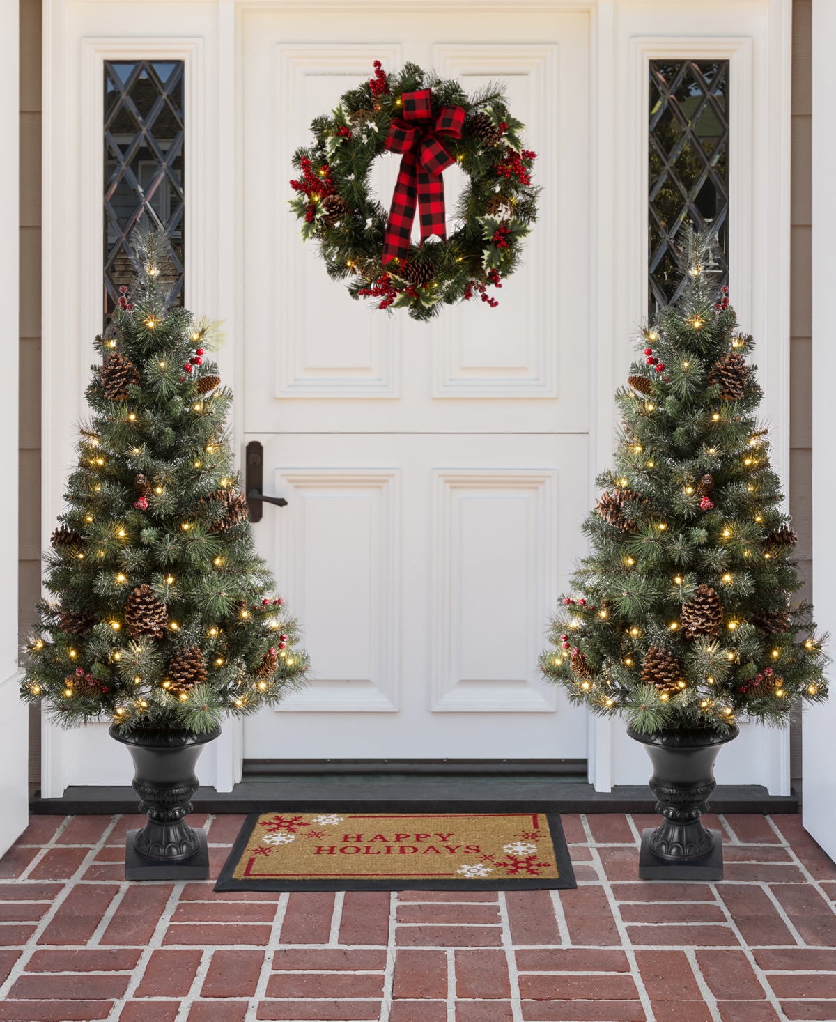 Glitzhome Flocked Christmas Tree with 100 Warm White Light, Pinecone and Berries Set of 2