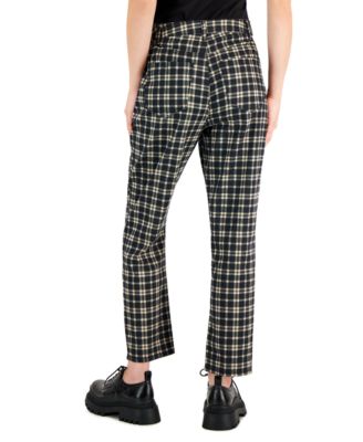 Vanilla Star Women's Plaid Cinched-Waist Mom Jeans