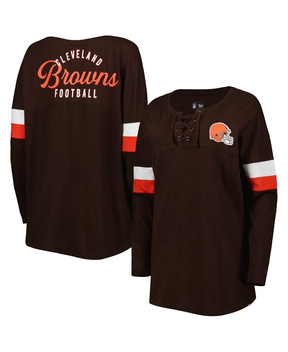 NEW ERA WOMEN'S NEW ERA BROWN CLEVELAND BROWNS ATHLETIC VARSITY LACE-UP LONG SLEEVE T-SHIRT 
