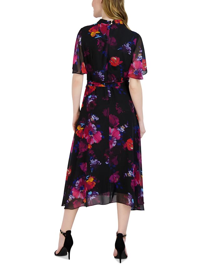 Donna Ricco Women's Floral-Print Belted Flutter-Sleeve Dress - Macy's