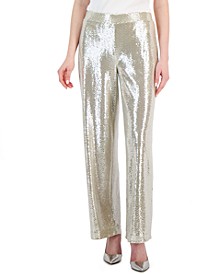 Women's Sequin Mid-Rise Wide-Leg Pull-On Pants