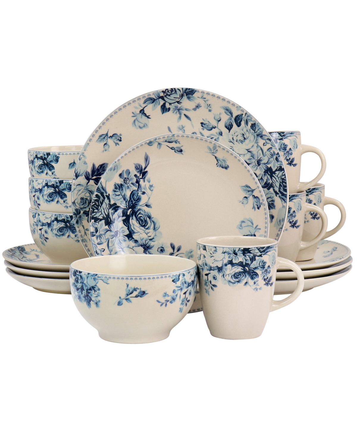 Floral Violet 16 Piece Dinnerware Set, Service for 4 - Taupe and Blue