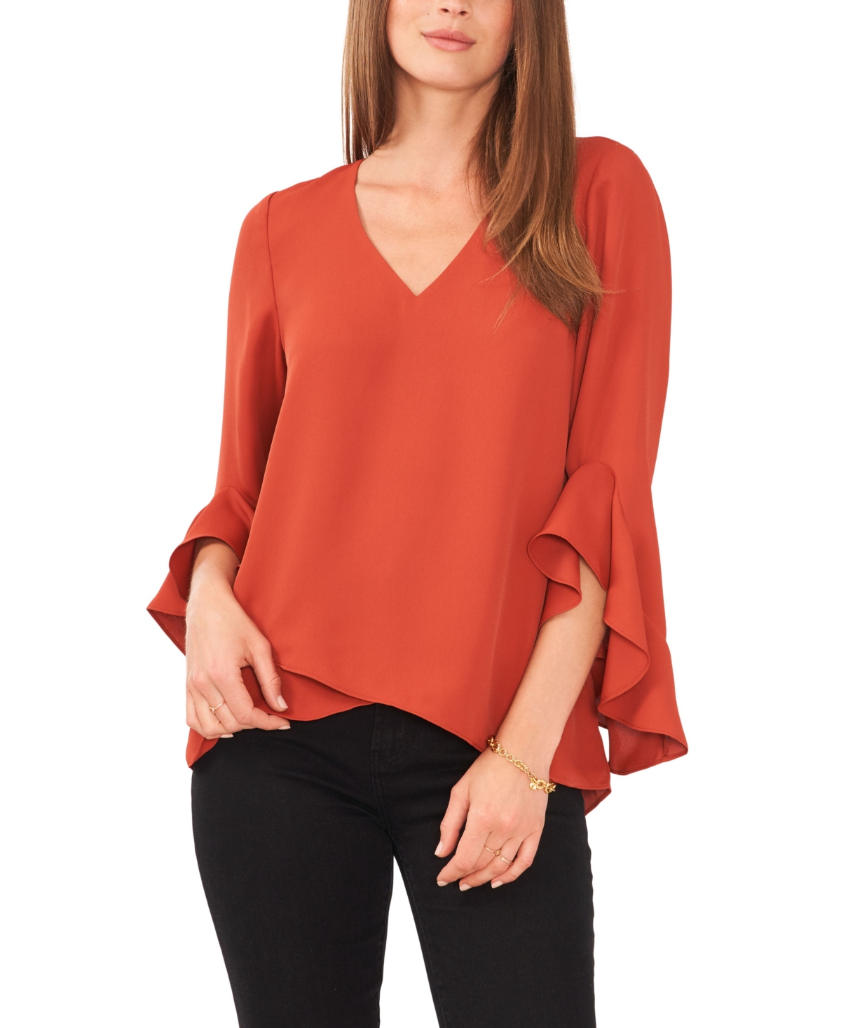 Vince Camuto Flutter Sleeve Crossover Georgette Tunic Top In Terracotta