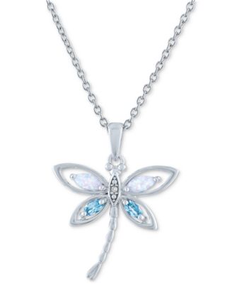 Macy's - Lab-Grown Opal (1/8 ct. t.w.), Blue Topaz (1/5 ct. t.w.) & Diamond Accent Dragonfly Pendant Necklace in Sterling Silver, 16" + 2" extender