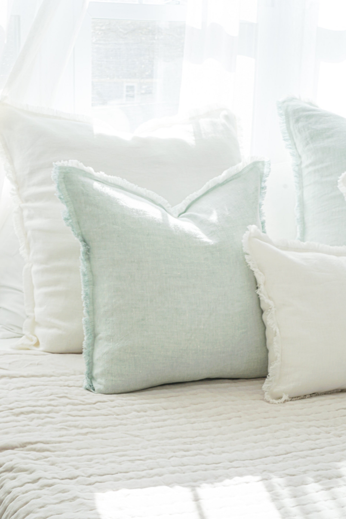 Anaya Home Light Aqua Fringe Soft Linen Pillow
