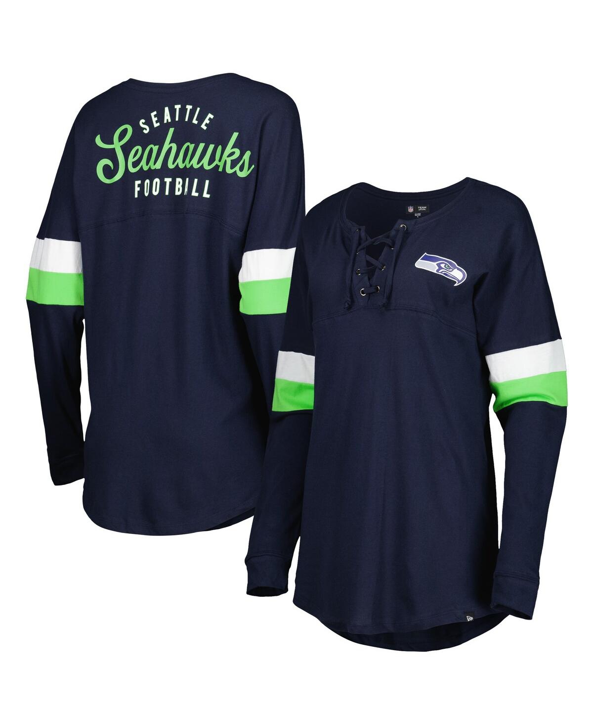 Women's New Era College Navy Seattle Seahawks Athletic Varsity Lace-Up Long Sleeve T-shirt - Navy
