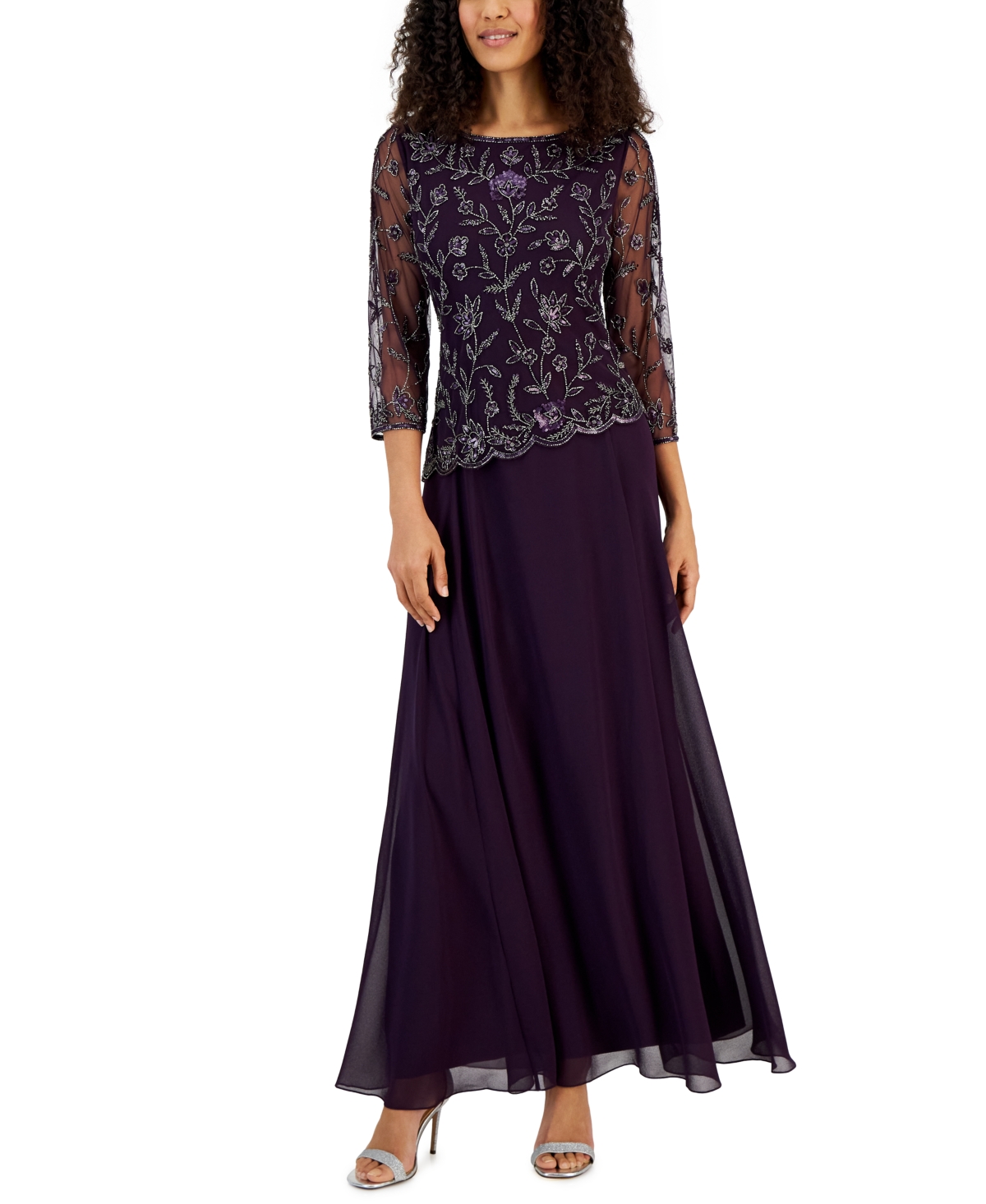 J Kara Women's Scoop-Neck Embellished-Top 3/4-Sleeve Gown