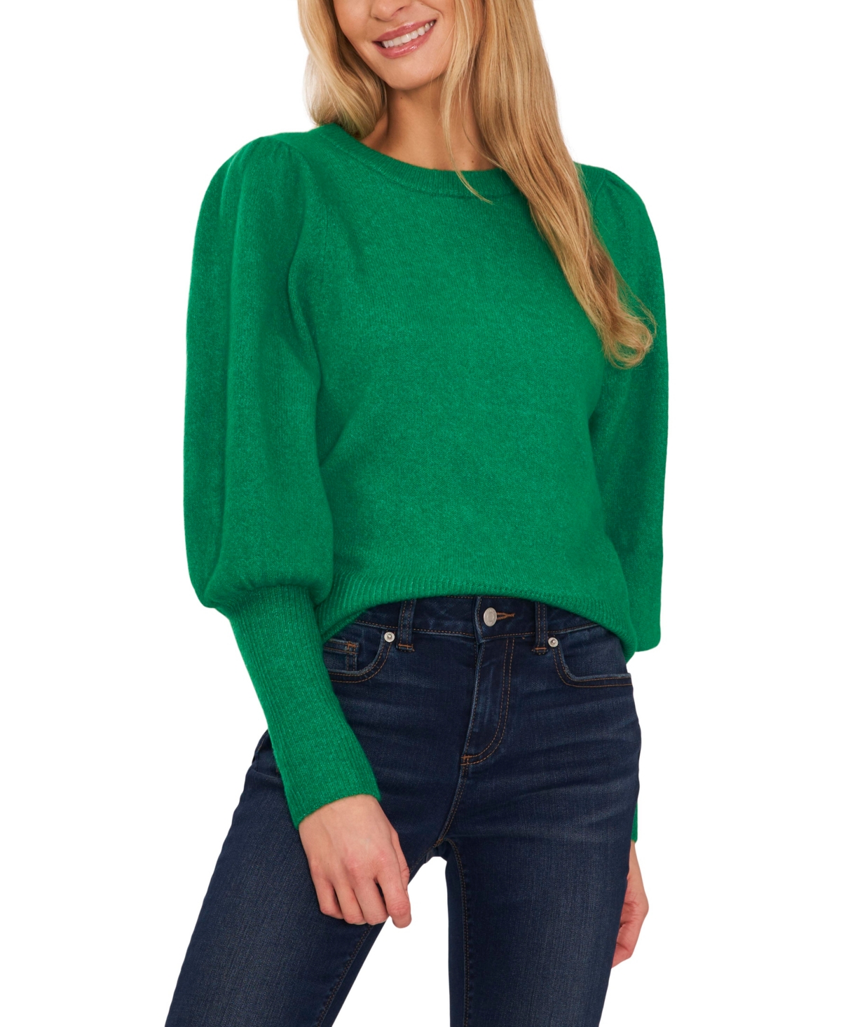 Victorian Blouses, Tops, Shirts, Vests, Sweaters CeCe Womens Puff Long Sleeve Crew Neck Sweater - Electric Green $34.50 AT vintagedancer.com