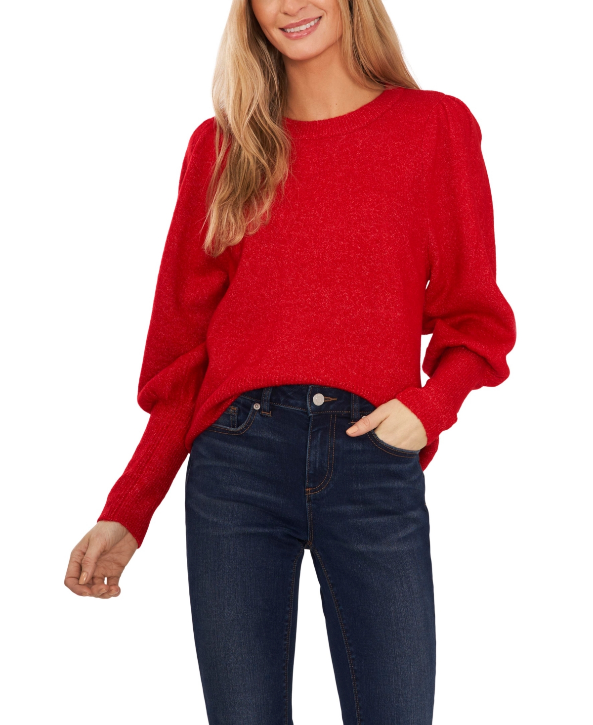 1930s Style Sweaters | Vintage Sweaters CeCe Womens Puff Long Sleeve Crew Neck Sweater - Luminous Red $34.50 AT vintagedancer.com