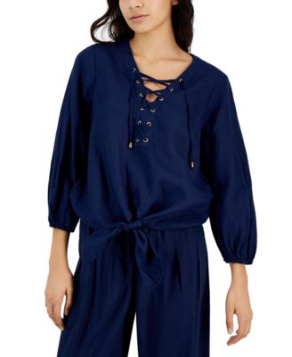 I.N.C. International Concepts - Women's Lace-Up Tie-Hem Linen Blouse