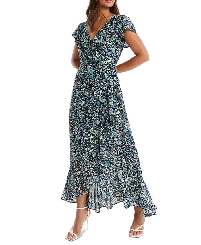 QUIZ Floral-Print Faux-Wrap Ruffled Chiffon Dress - Macy's