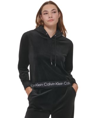 Calvin Klein - Women's Cropped Velour Logo Trim Hoodie