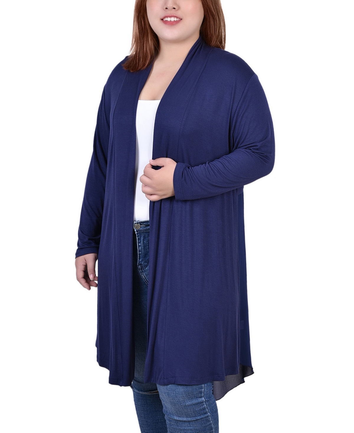 Ny Collection Plus Size Long Sleeve Knit Cardigan With Chiffon Back In Navy