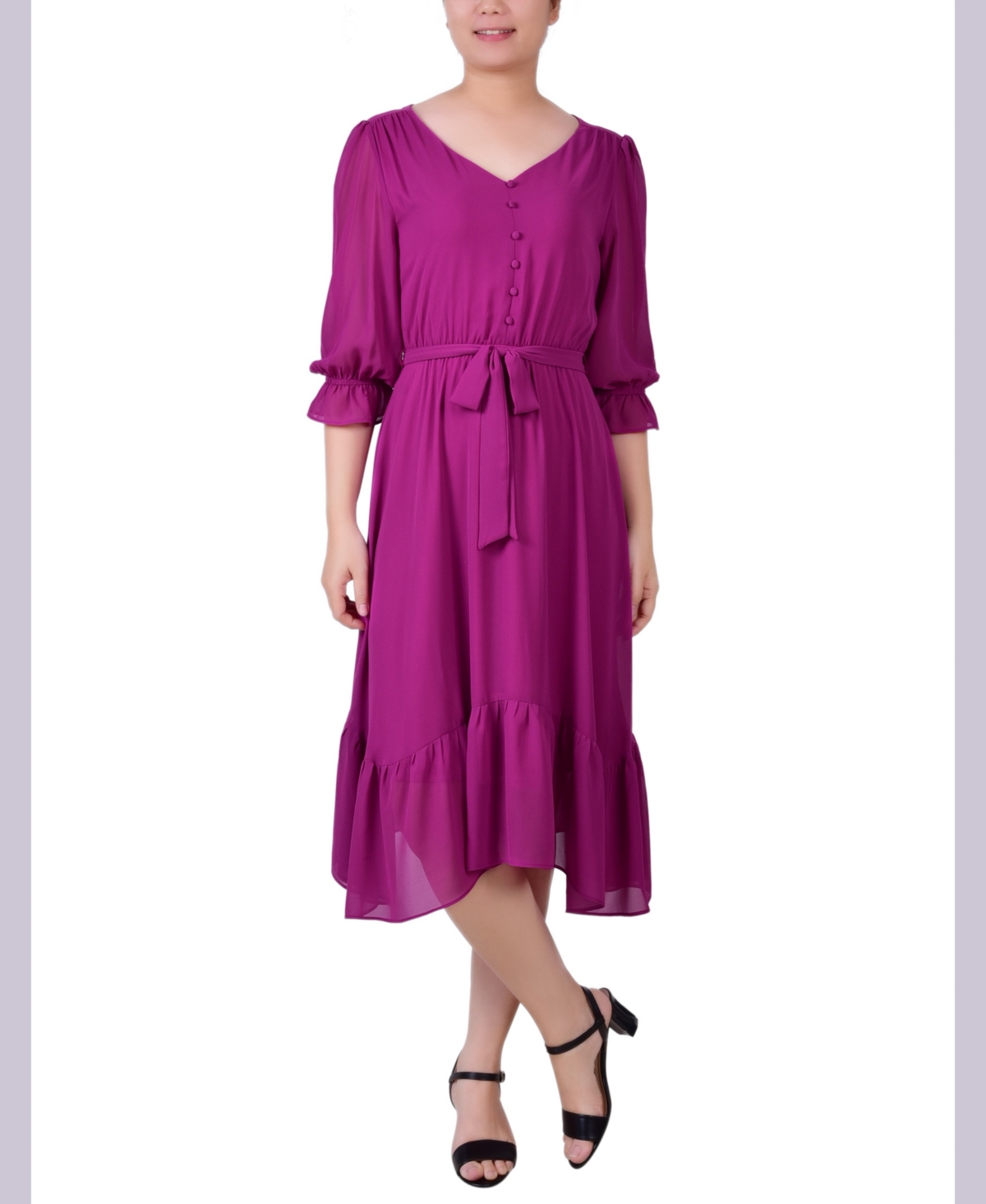 Petite 3/4 Sleeve V-neck Flounced Dress - Olive