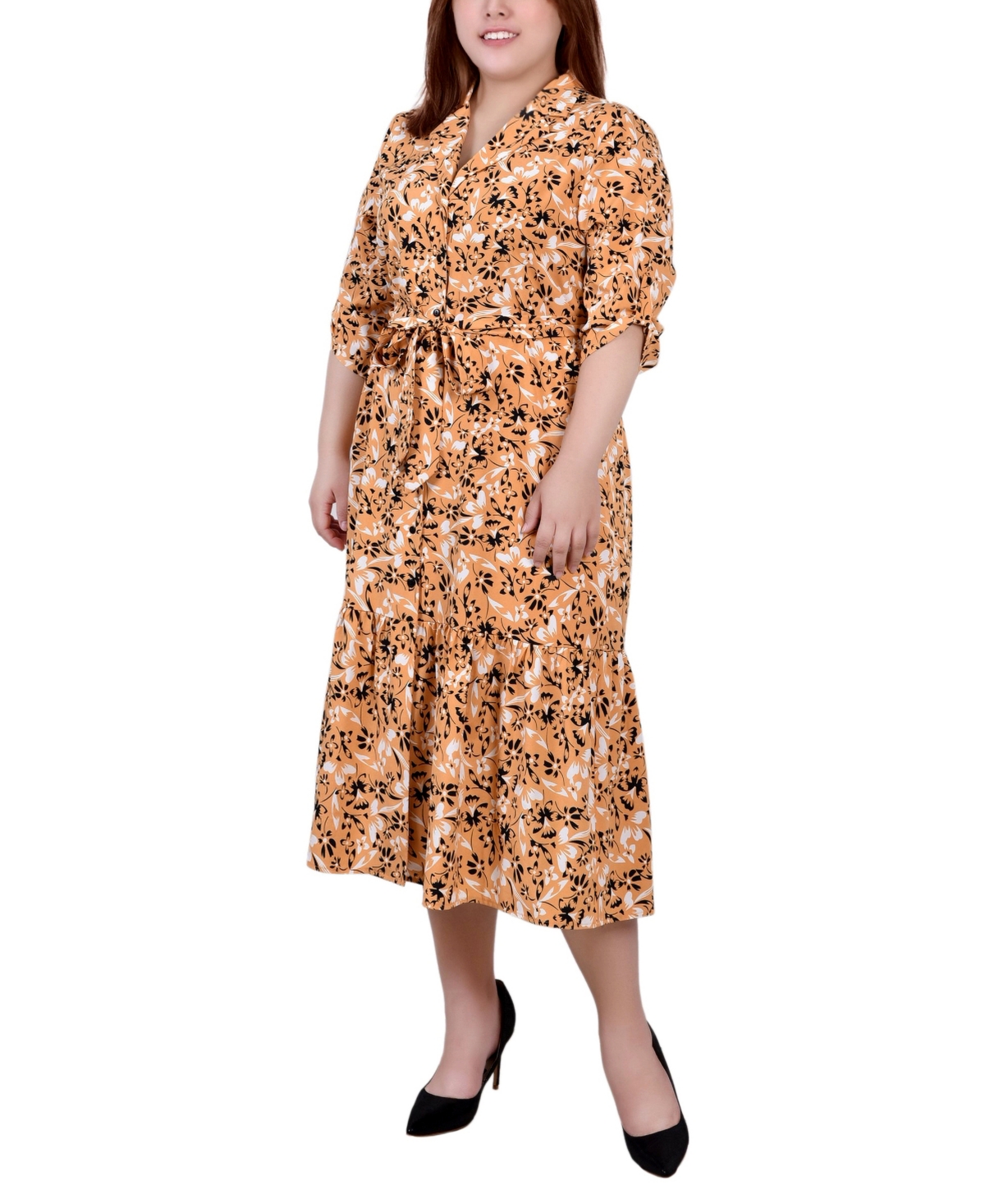 Ny Collection Petite Long Sleeve Tiered Dress With Belt In Black/gold-tone White
