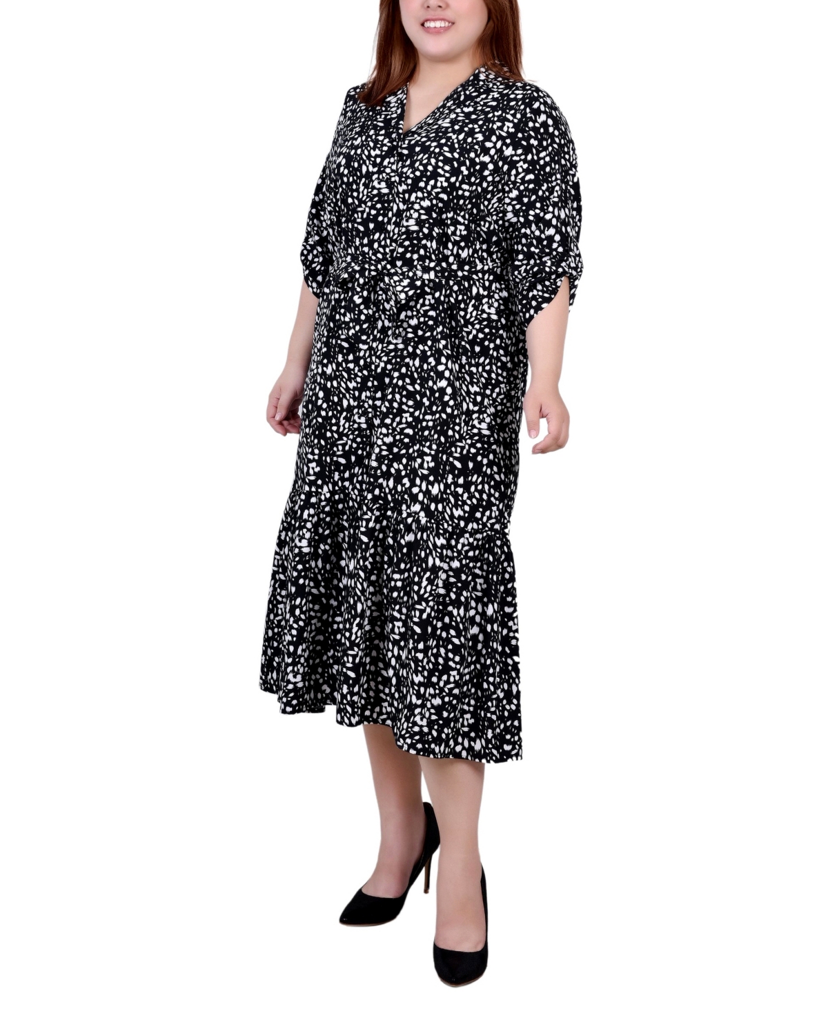 Shop Ny Collection Plus Size Tiered Dress With Belt In Ivory Brushed