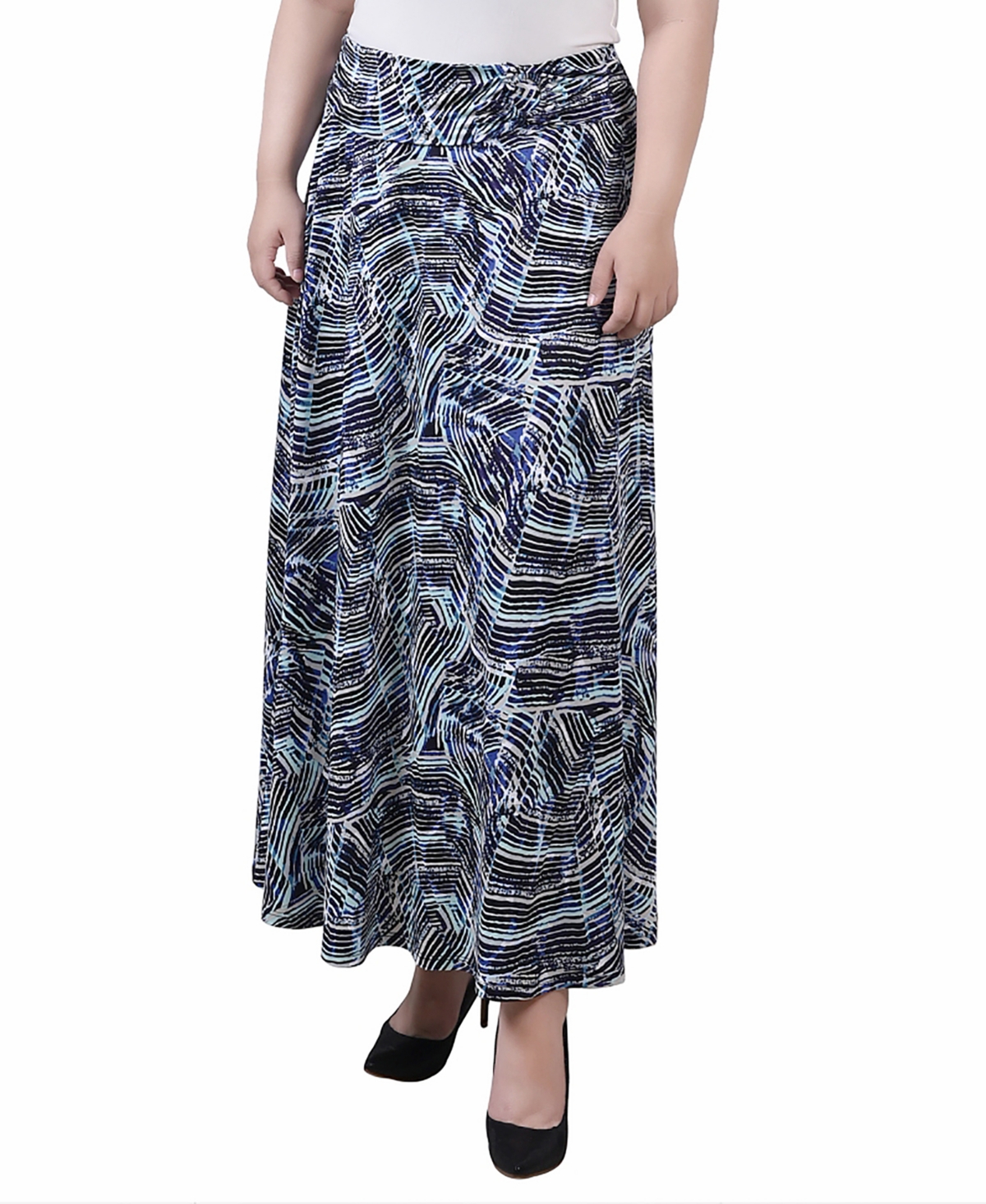 Plus Size Maxi A-Line Skirt with Front Faux Belt - Oil Green