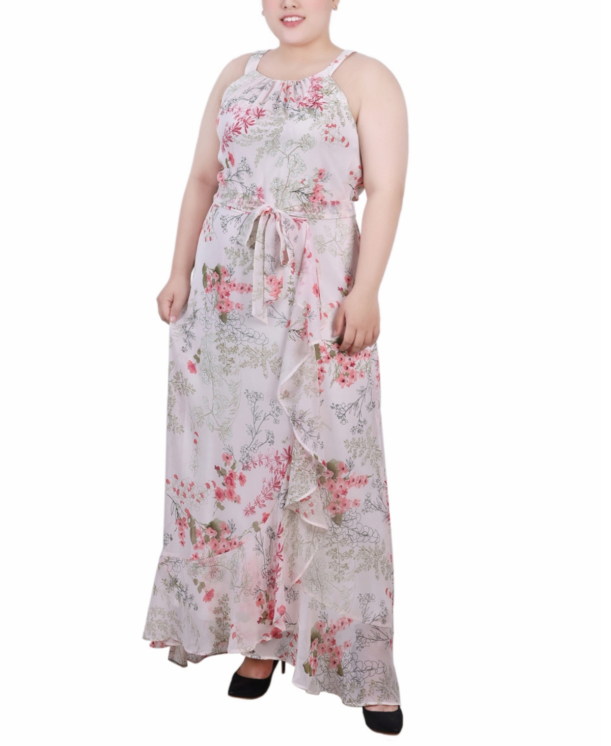Shop Ny Collection Plus Size Halter Front Chiffon Maxi Dress In Ivory Floral