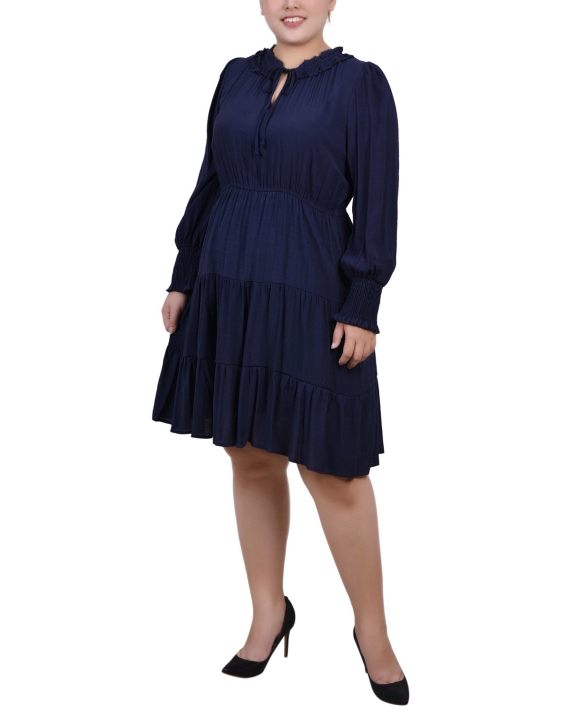 Ny Collection Plus Size Long Sleeve Tiered Dress With Ruffled Neck In Navy