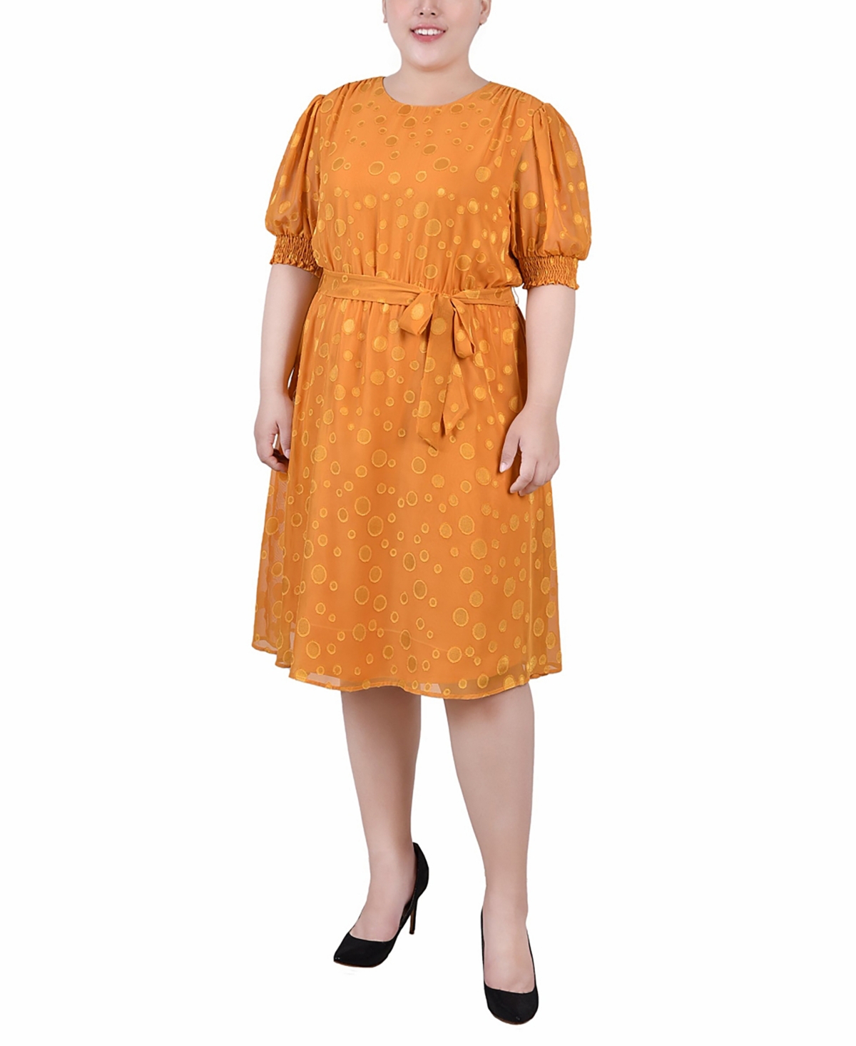 Ny Collection Plus Size Elbow Sleeve Swiss Dot Dress In Inca Gold-tone