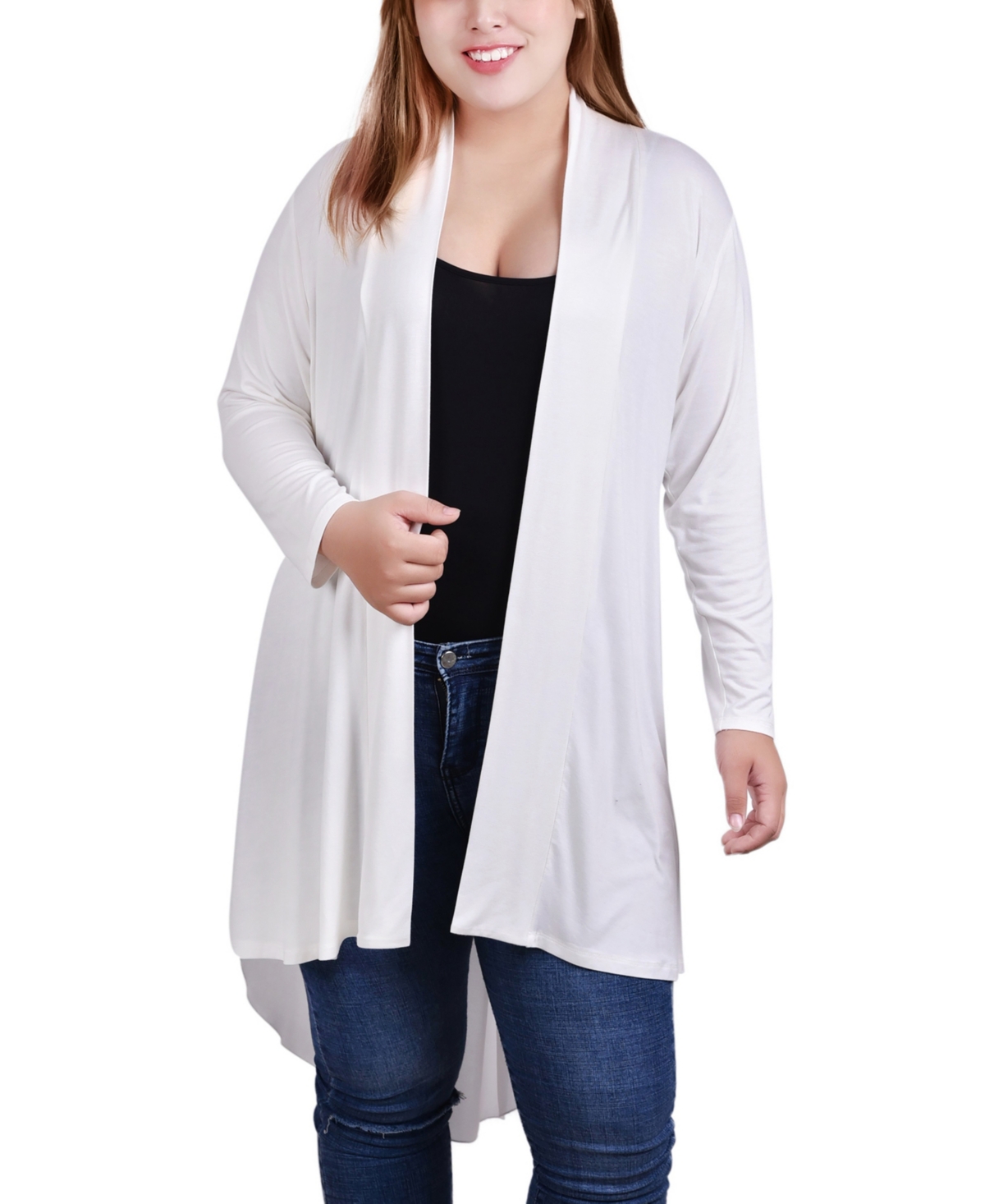Ny Collection Plus Size Long Sleeve Knit Cardigan With Chiffon Back In White