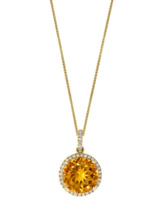 Macy's - Citrine (5-1/5 ct. t.w.) & Diamond (1/4 ct. t.w.) Halo Pendant Necklace in 14k Gold, 16" + 2" extender
